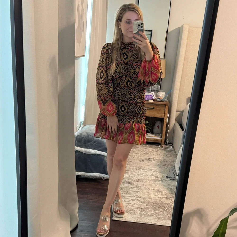 Bohemian Patterned Dress with Bell Sleeves - Picture 3 of 10